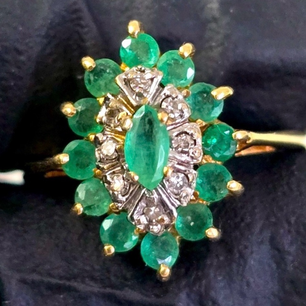 Vintage 10K Gold Emerald & Diamond Cluster Ring – Marquise Cut, May Birthstone